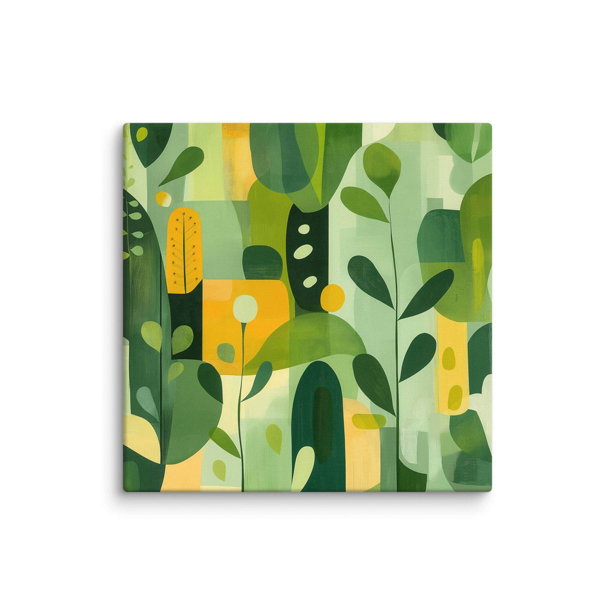 Abstract art inspired by nature with harmonious greens, yellows, and beige organic leaf forms, displayed as a 26 by 26 inch canvas print, VERDURE by Carpina Designs