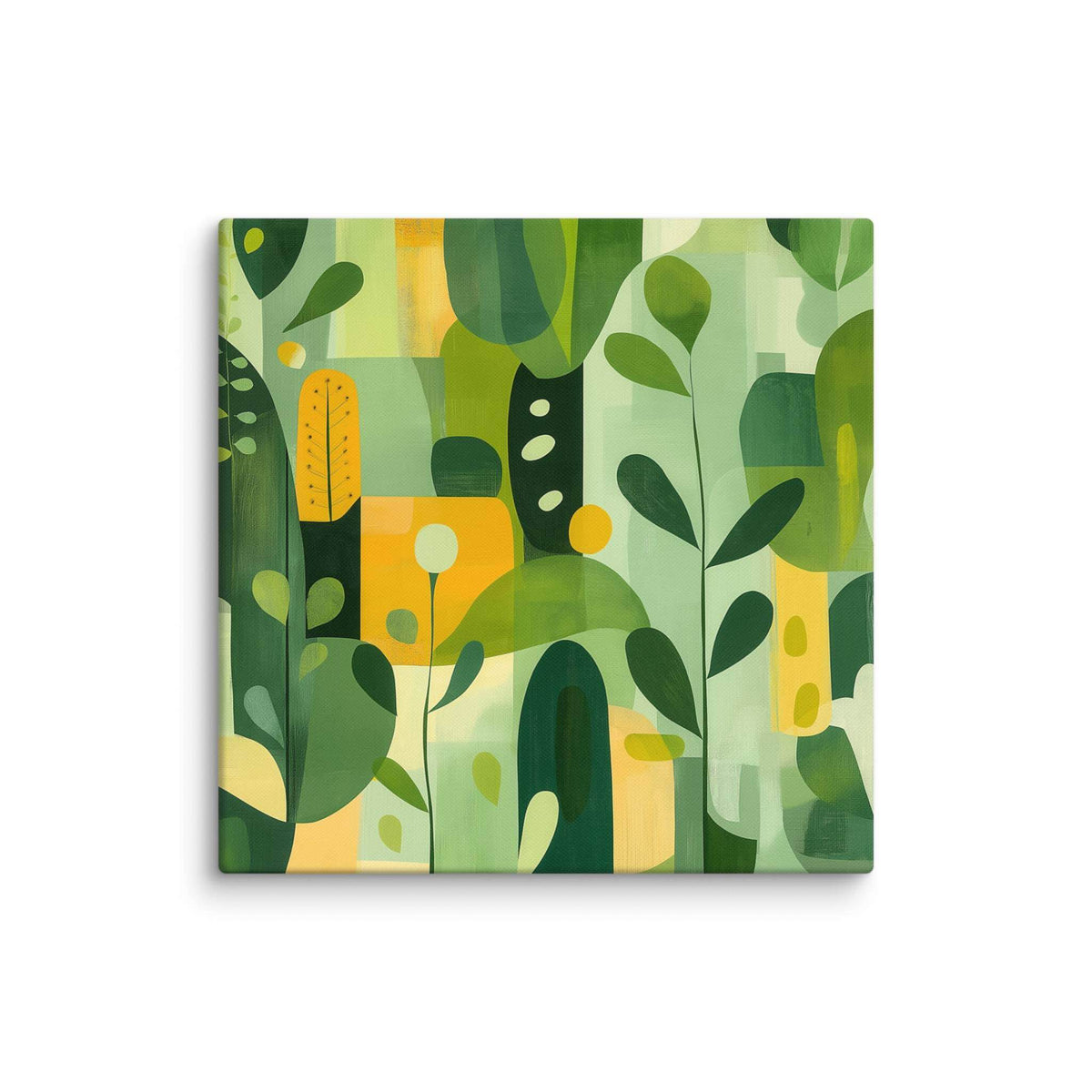 Abstract art inspired by nature with harmonious greens, yellows, and beige organic leaf forms, displayed as a 28 by 28 inch canvas print, VERDURE by Carpina Designs