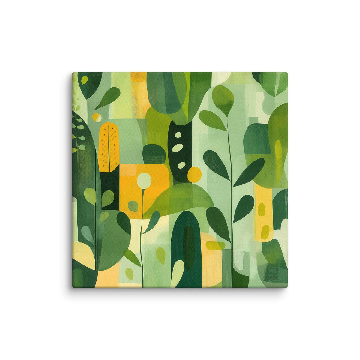 Abstract art inspired by nature with harmonious greens, yellows, and beige organic leaf forms, displayed as a 30 by 30 inch canvas print, VERDURE by Carpina Designs