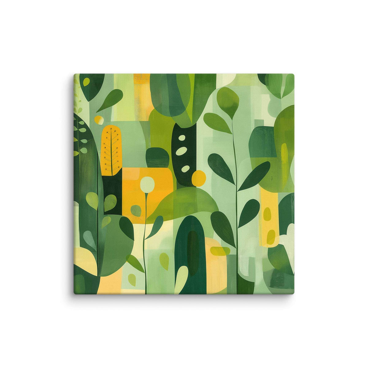 Abstract art inspired by nature with harmonious greens, yellows, and beige organic leaf forms, displayed as a 32 by 32 inch canvas print, VERDURE by Carpina Designs