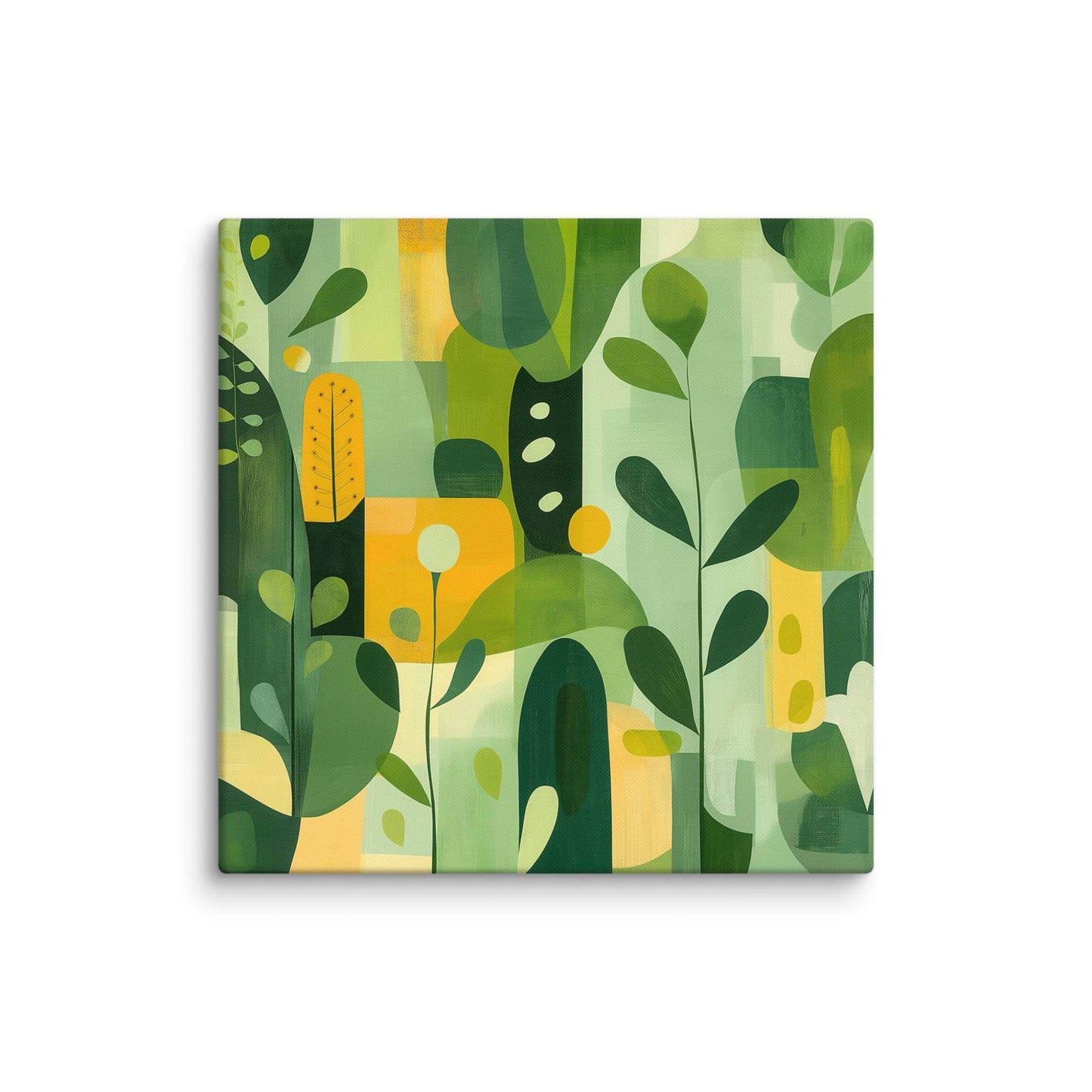 Abstract art inspired by nature with harmonious greens, yellows, and beige organic leaf forms, displayed as a 36 by 36 inch canvas print, VERDURE by Carpina Designs