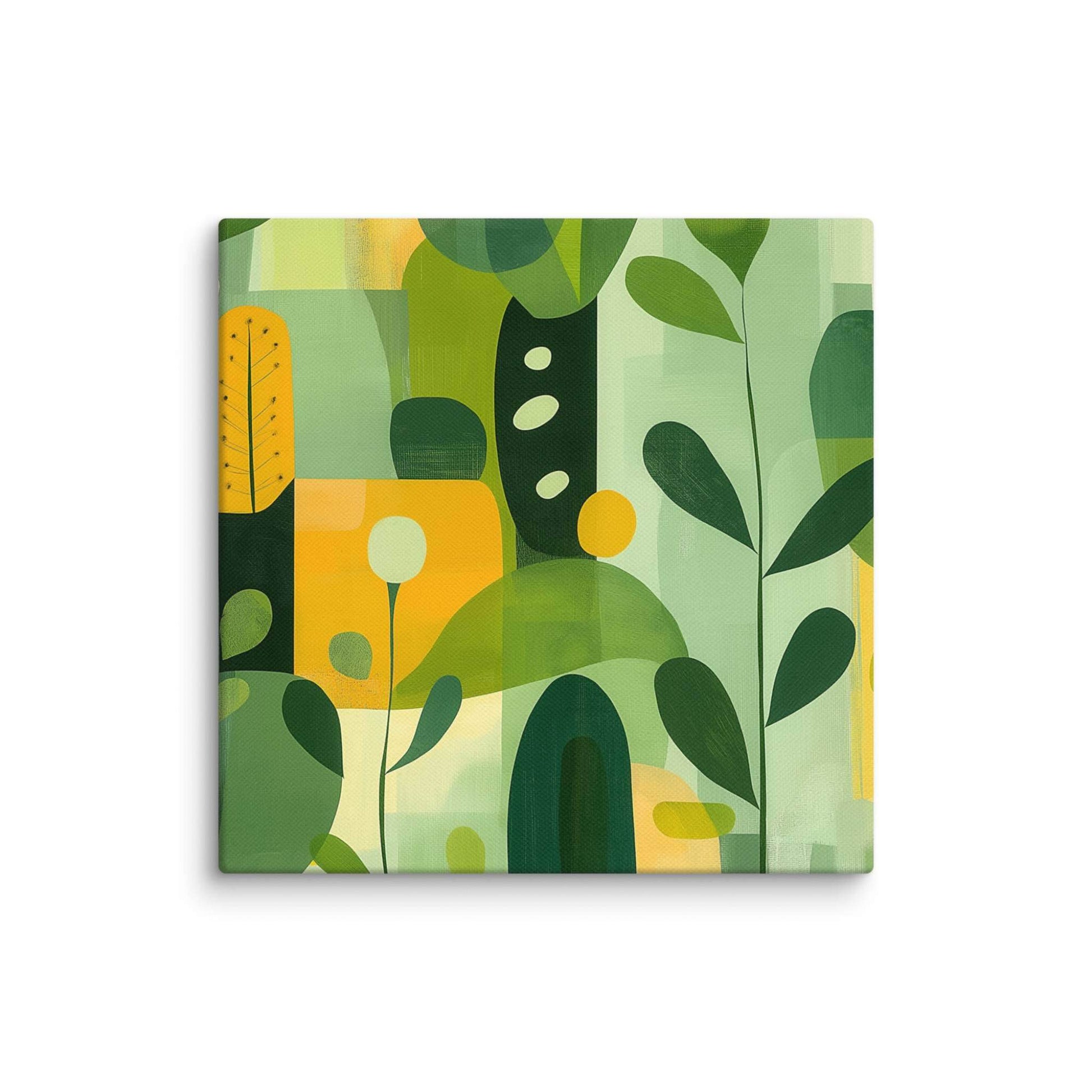 Abstract art inspired by nature with harmonious greens, yellows, and beige organic leaf forms, displayed as a 6 by 6 inch canvas print, VERDURE by Carpina Designs