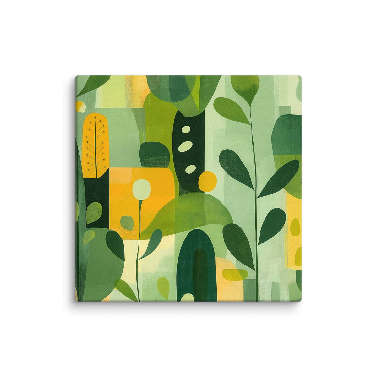 Abstract art inspired by nature with harmonious greens, yellows, and beige organic leaf forms, displayed as a 8 by 8 inch canvas print, VERDURE by Carpina Designs