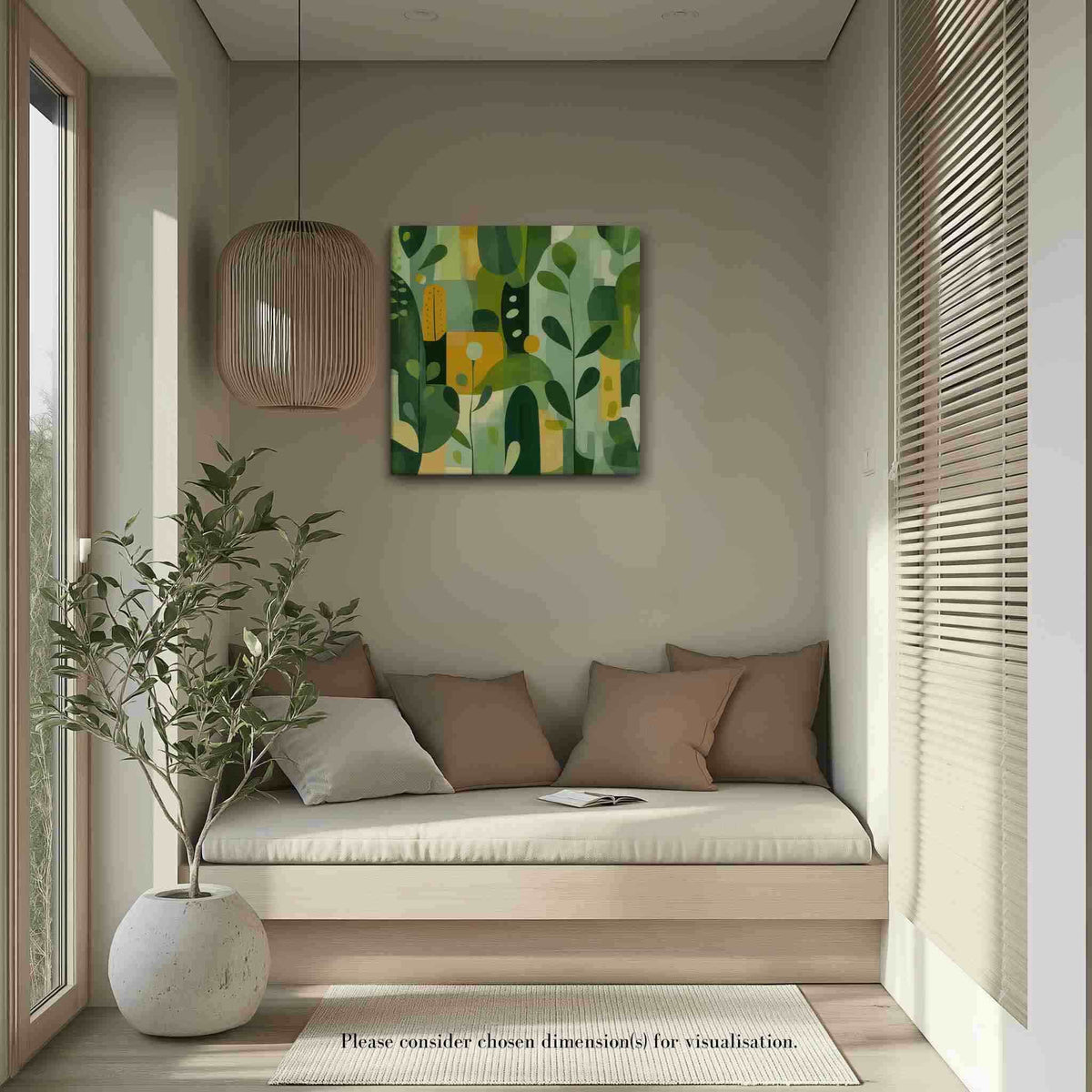 Abstract art inspired by nature with harmonious greens, yellows, and beige organic leaf forms, styled in a serene window nook with blush cushions and potted plant, VERDURE by Carpina Designs