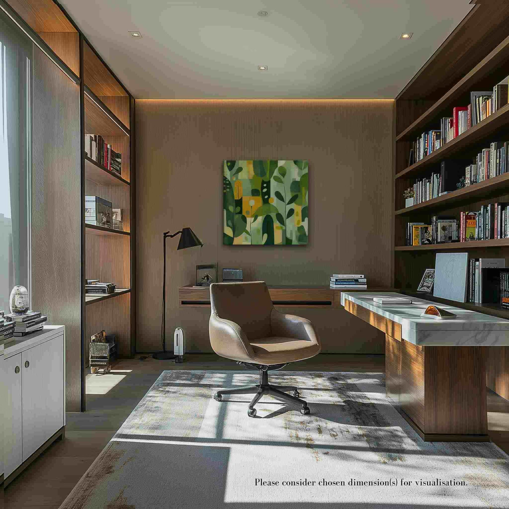 Abstract art inspired by nature with harmonious greens, yellows, and beige organic leaf forms, styled in a warm home office with wood paneling and marble desk, VERDURE by Carpina Designs